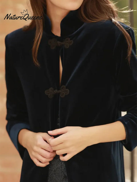 Elegant Stand-collar Velvet Slit Dress And Skirt Two-piece Set