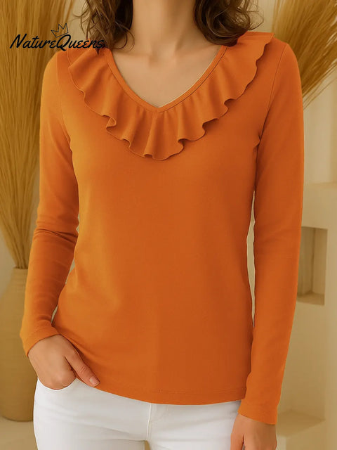 Women's Solid Color V-Neck Long Sleeve Ruffle Pullover