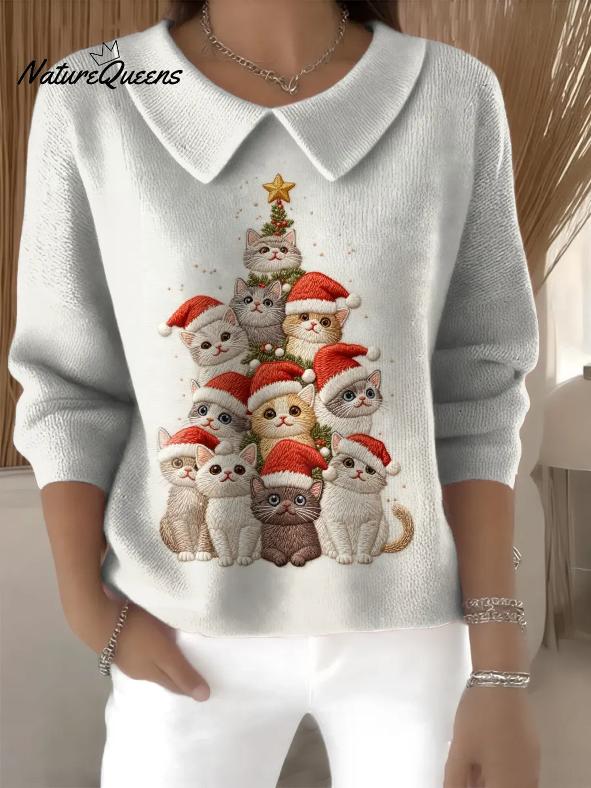 Women's Christmas Cats Printed Collared Blouse