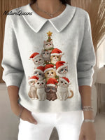 Women's Christmas Cats Printed Collared Blouse