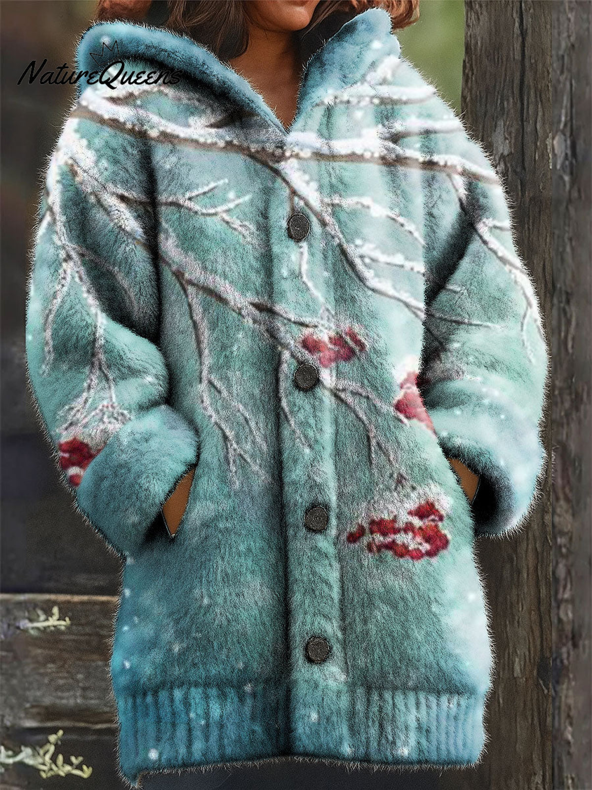 Women's Retro Christmas Fruit Snowflake Pattern Art Print Casual Plush Warm Coat