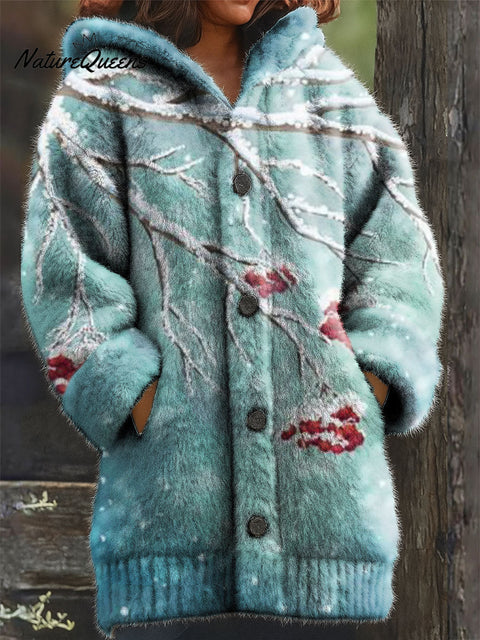 Women's Retro Christmas Fruit Snowflake Pattern Art Print Casual Plush Warm Coat