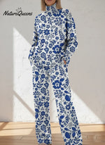 Women's Vintage Flower Art Print Casual Knitted Cotton Top Pants Suit