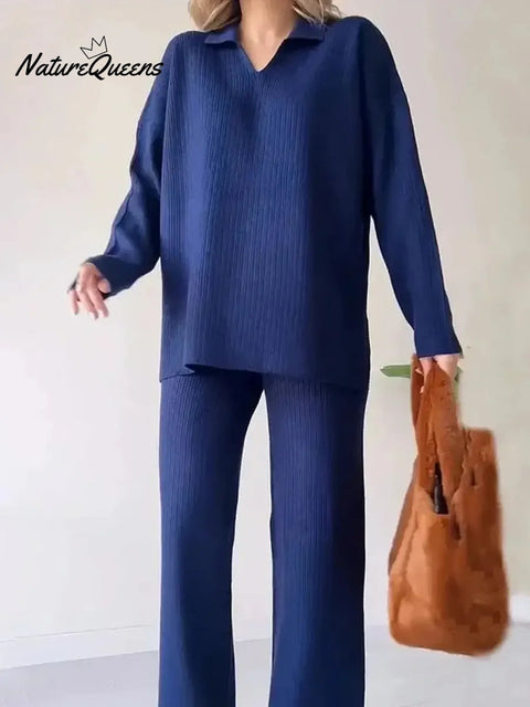Women's Solid Color V-Neck Long Sleeve Casual Loose Knit Top and High Waist Knit Wide Leg Pants Set