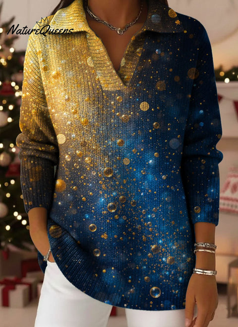 Color Gradient Scenery Pattern Art Polo Collar Shiny Loose Sweater Top