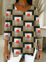 Women's Retro Geometric Art Print Casual Washed Denim Cotton Top