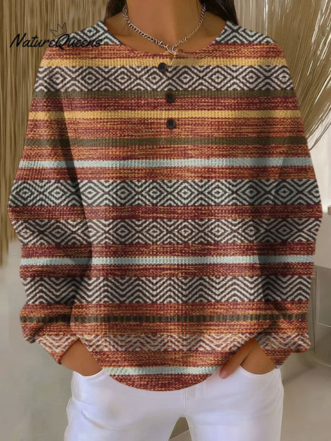 Women's Retro Stripes Pattern Art Print Casual Cotton Shirt