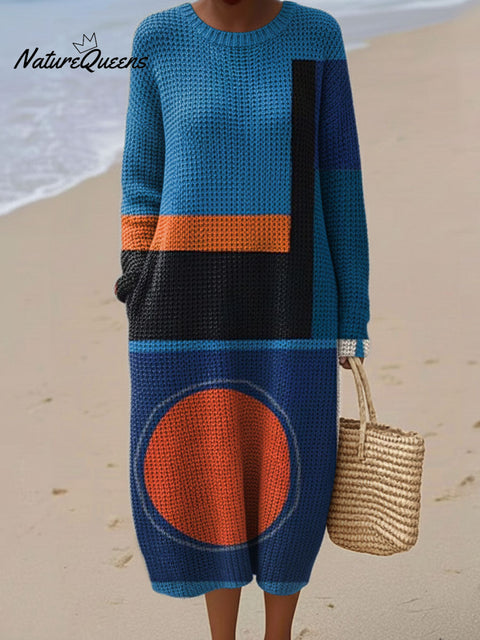 Women's Color Block Abstract Pattern Casual Round Collar Long Sleeve Dress