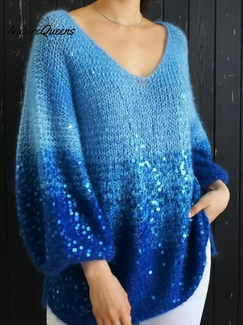Winter Dreamy Off-shoulder Loose Sequined Gradient Sweater Top