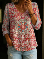 Women's Vintage Floral Pattern Art Print Casual Cotton Linen Shirt