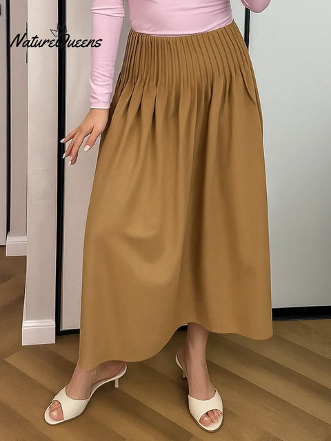 Women's Solid Color High-waisted Casual Pleated A-line Cotton Midi Skirt