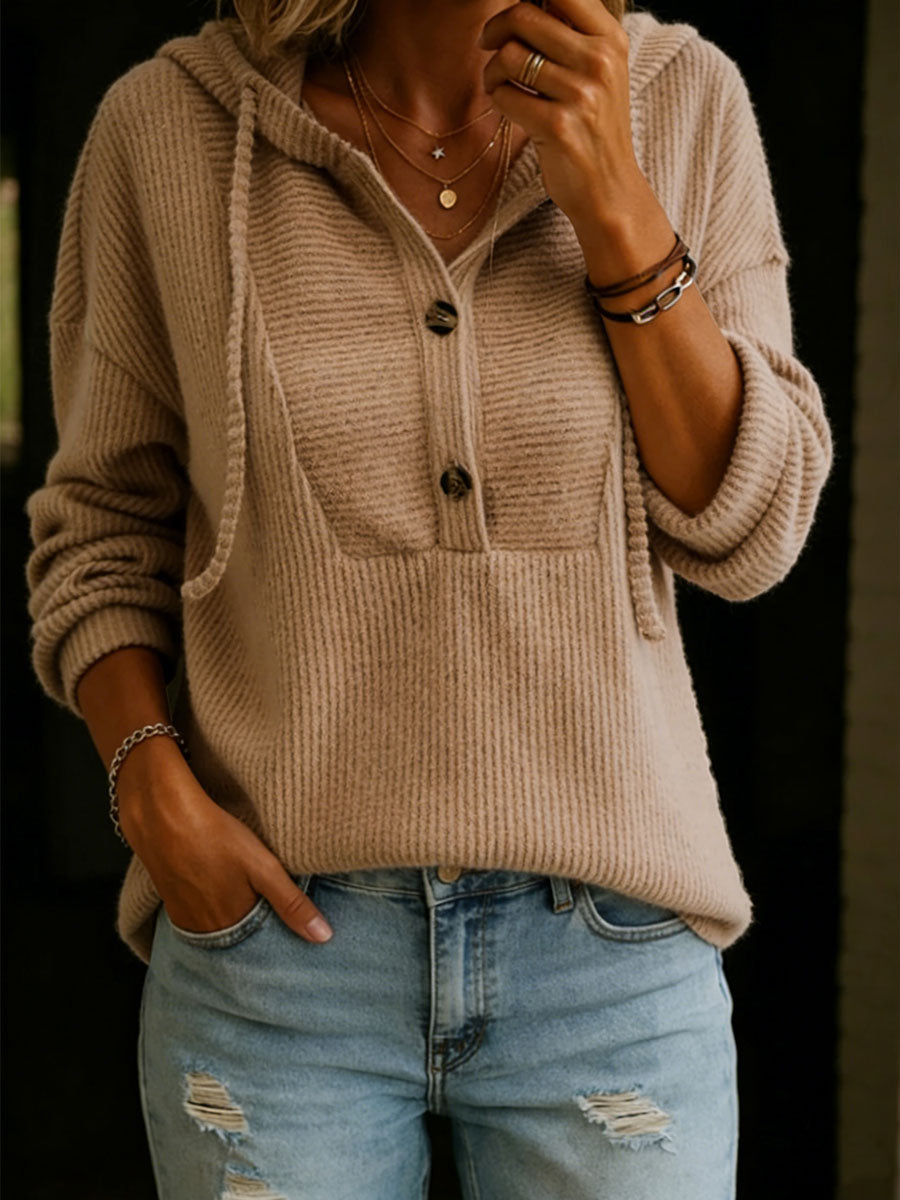 Women's Solid Color Hooded Crew Neck Long-sleeved Sweater