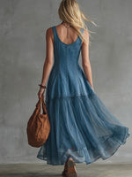 Stylish Casual Sleeveless Denim And Chiffon Patchwork Dress