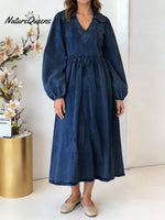 Women's V-neck Puff Sleeve Casual Loose Denim Dress