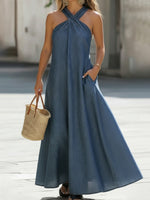 Elegant Halter-neck Denim Maxi Dress