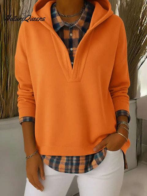 Retro Contrast Plaid Shirt Sweatshirt Fake Two-piece Pullover