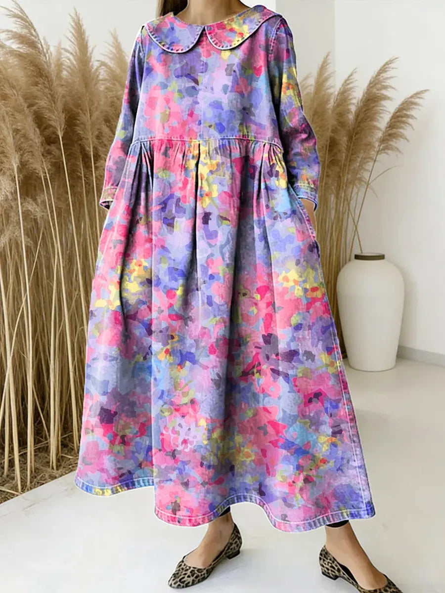 Women Floral Pattern Art Print Casual Denim Dress