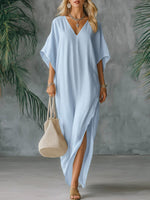 Women's Solid Color V-neck 3/4 Sleeve Casual Loose Cotton And Linen Dress
