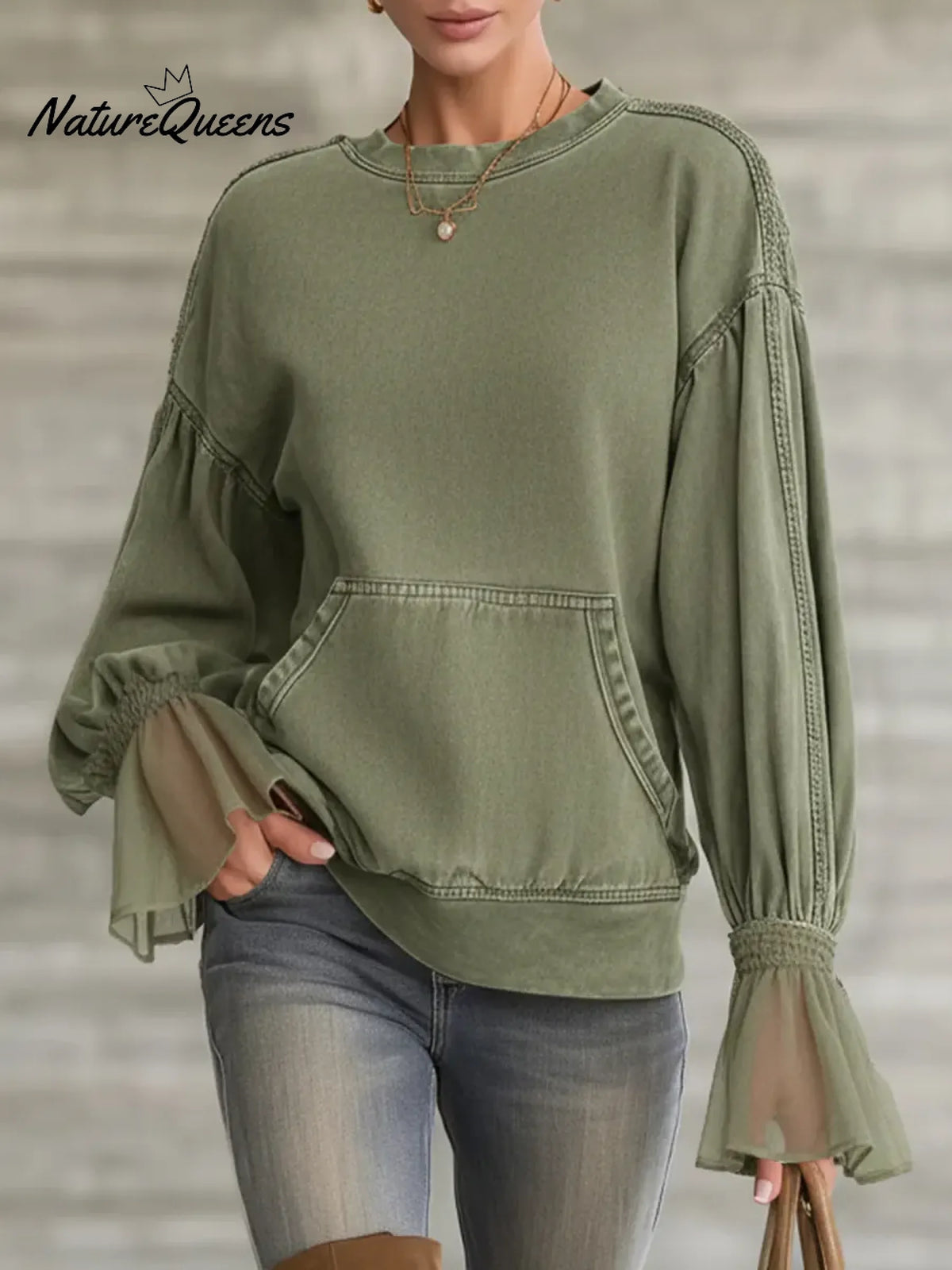 Women's Solid Color Round Neck Long-sleeved Casual Loose Sweatshirt With Mesh Paneling.