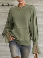 Women's Solid Color Round Neck Long-sleeved Casual Loose Sweatshirt With Mesh Paneling.