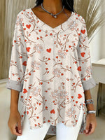 Women's Valentine's Day Heart-shaped Art Print Casual Washed Denim Cotton Top