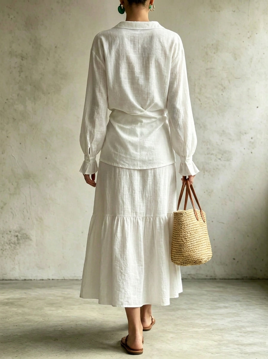 Women‘s Solid-color Long-sleeve Knotted Shirt And Skirt Two-piece Set