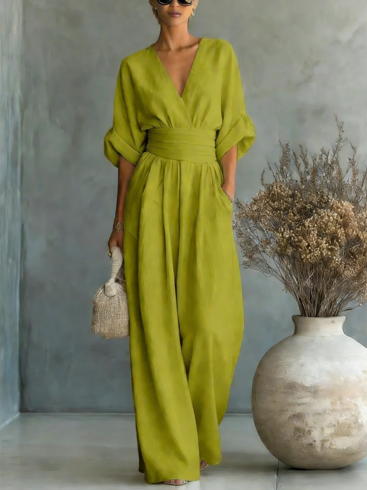 Elegant Vacation Casual Fashion V-neck Waist Jumpsuit