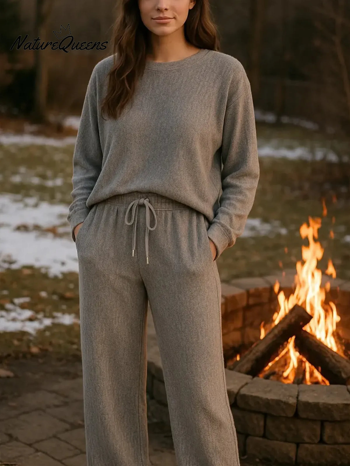 Women's Solid Color Round Neck Long Sleeve Casual Loose Top with Elastic Waist and Wide Leg Pants Set