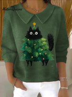 Women's Christmas Cat Print Casual Peter Pan Collar 3/4 Sleeve Sweater