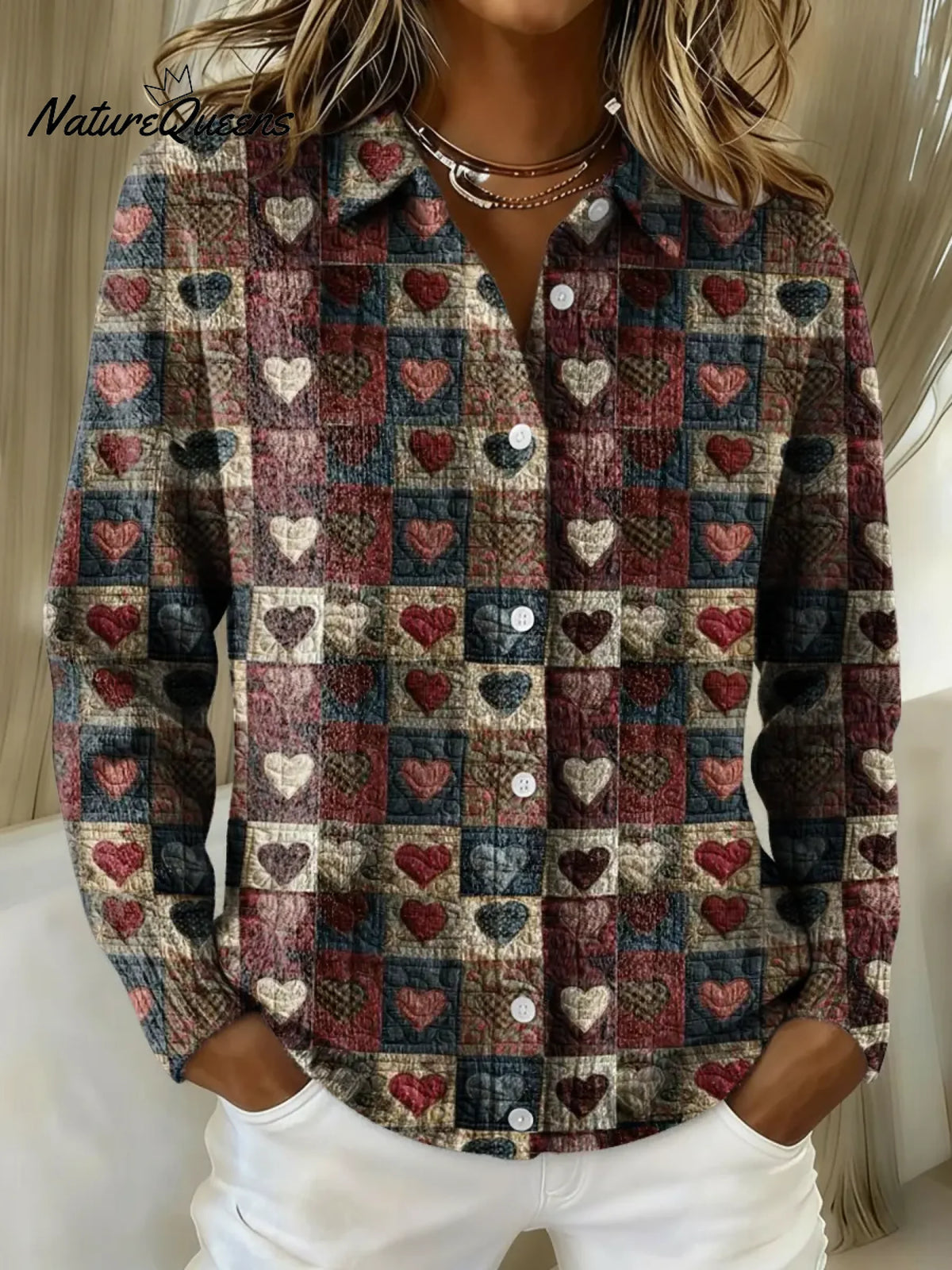 Women's Vintage Plaid Heart Printed Collared Sweater
