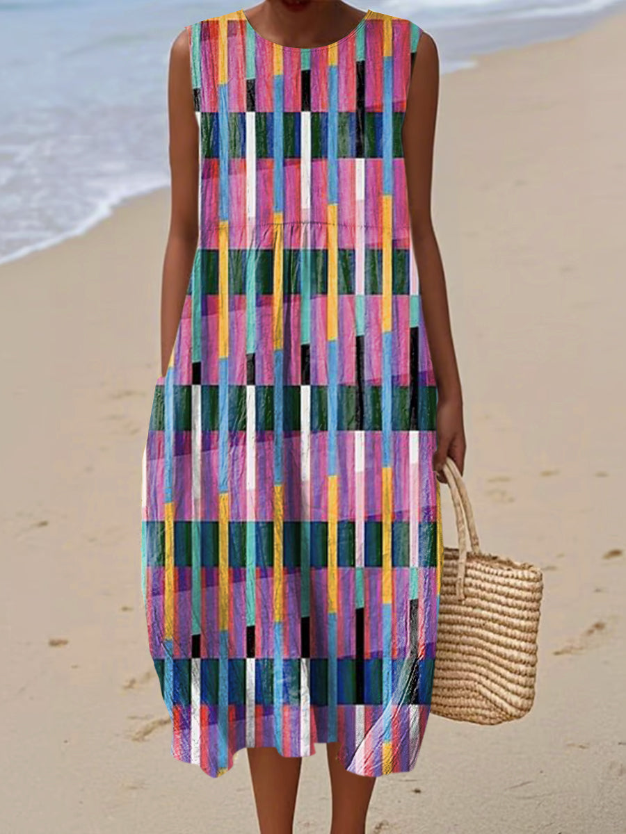 Women's Vintage Geometry Art Print Sleeveless Cotton Pocket Wrap Dress