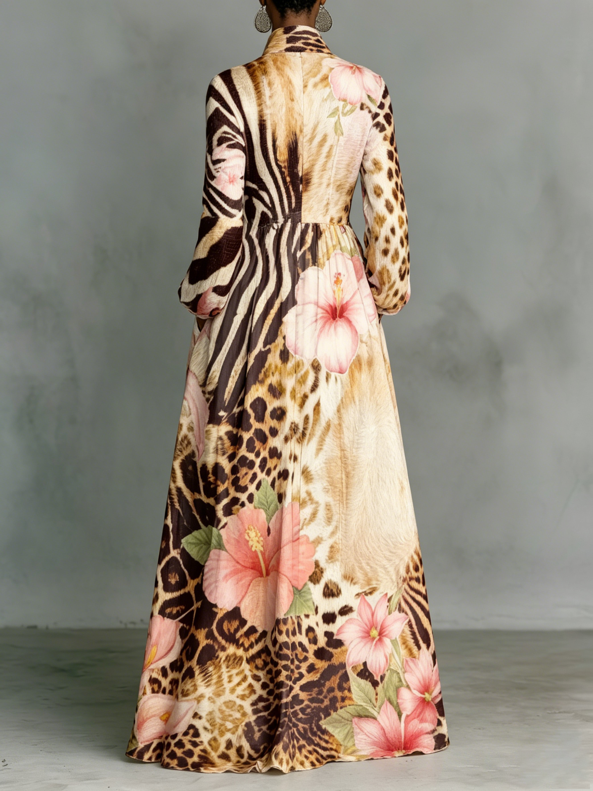 Classic Leopard Print & Floral Color-block Dress — Featuring A Turn-down Collar, Cinched Waist, And Flared Skirt