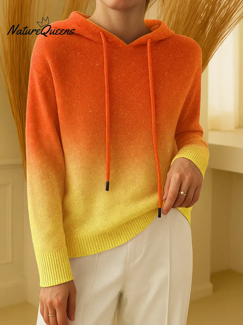 Women's Gradient Color Long Sleeve Sequined Casual Loose Hooded Knit Top