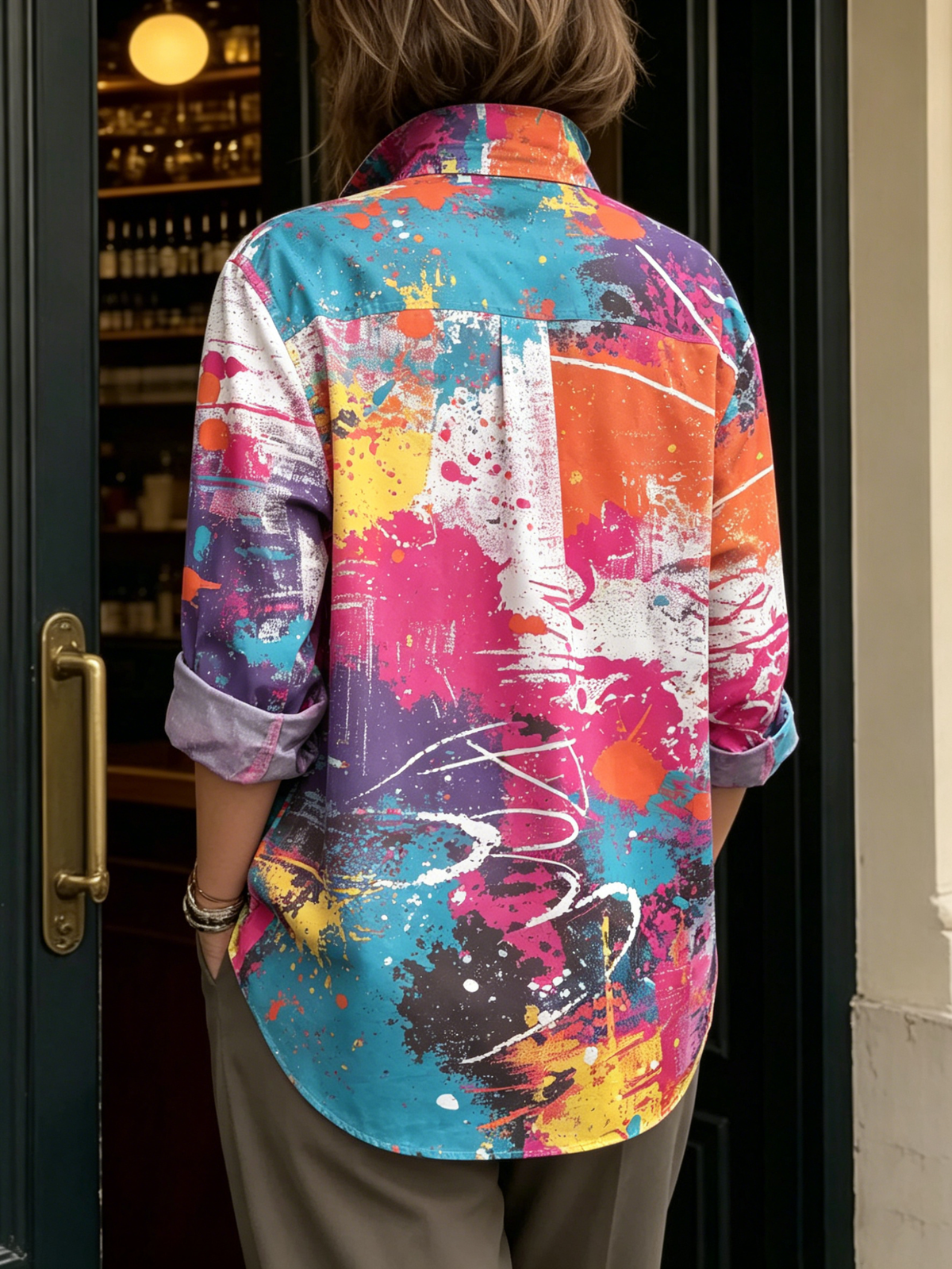 Artistic Watercolor Abstract Graffiti Print Metal-button Shirt