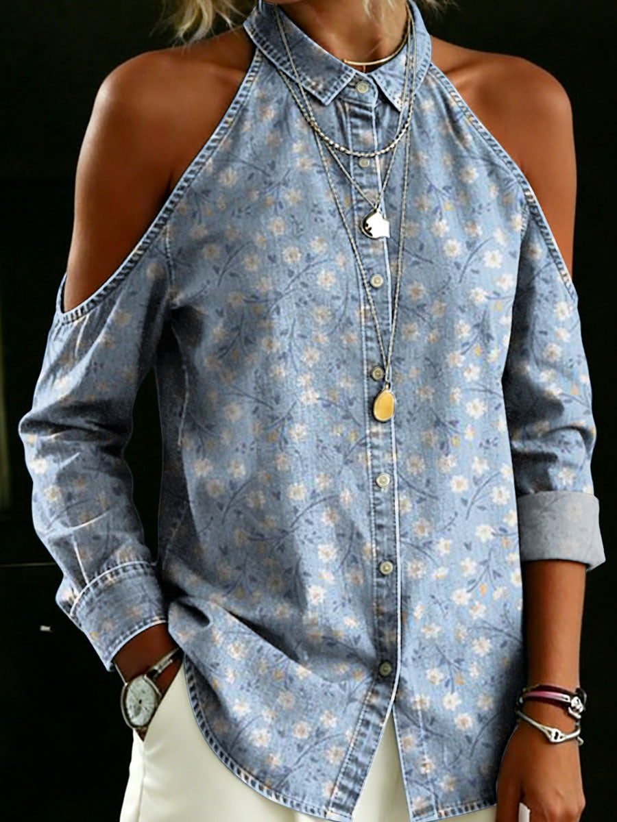 Women's Floral Pattern Art Print Casual Loose Denim Blouse Shirt
