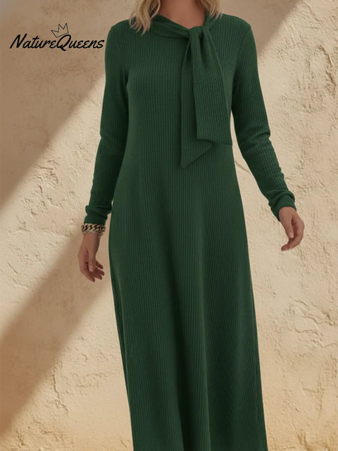 Elegant Ribbon Tie-neck Knit Midi Dress