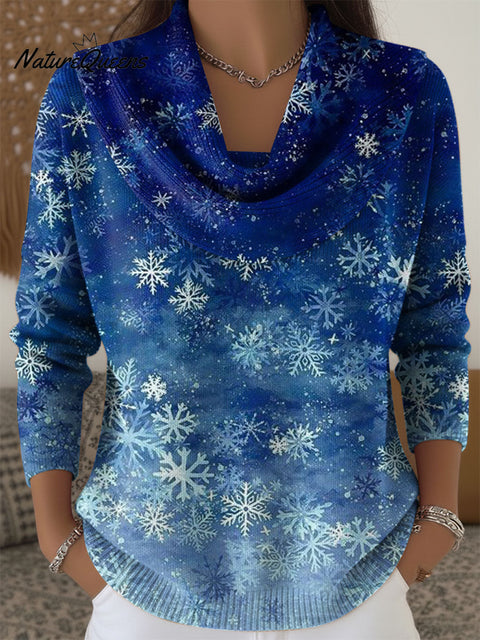 Women's Christmas Snowflake Pattern Art Print Cowl Neck Sweater