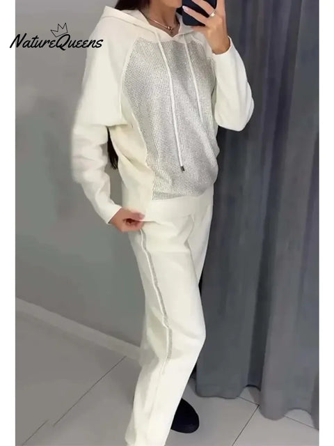 Women's Casual Shiny Cotton Hooded Sweatshirt And Pants Two-piece Set