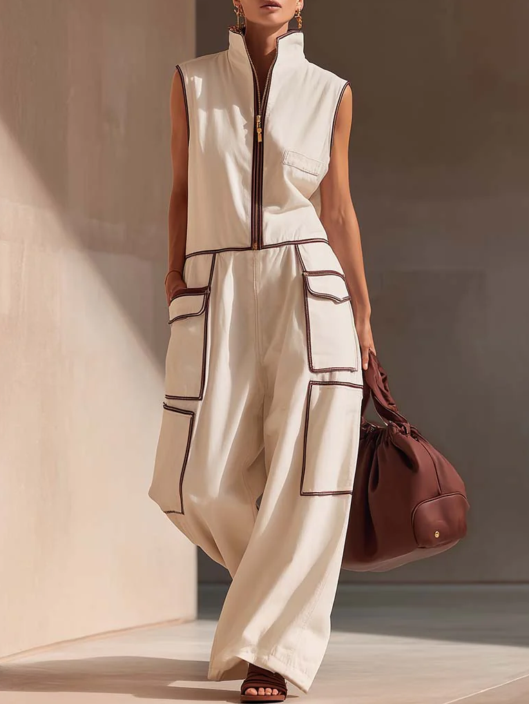 Casual Loose-fitting Color-blocked Workwear Jumpsuit