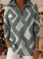 Exotic Geometric Decorative Patterns Women's Casual Shirt Collar Long Sleeve Sweater