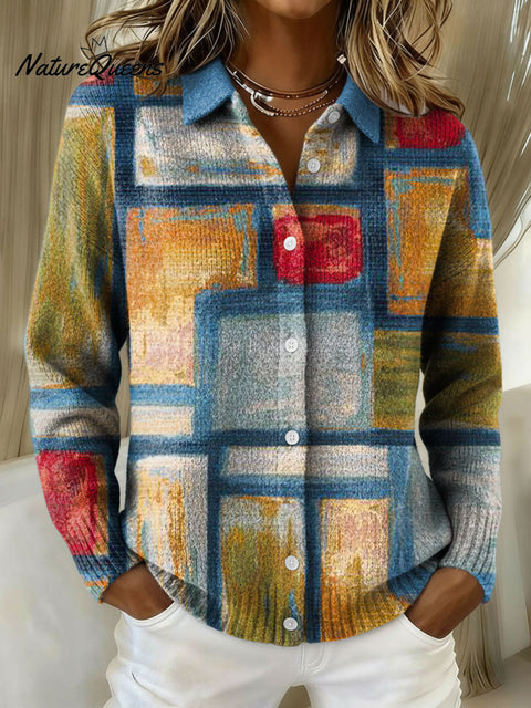 Women's Retro Geometric Abstract Stripe Pattern Art Print Cowl Neck Sweater