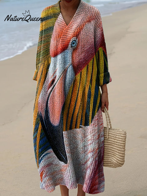 Pink Flamingo Decorative Pattern Women's Casual V-collar Long Sleeve Dress