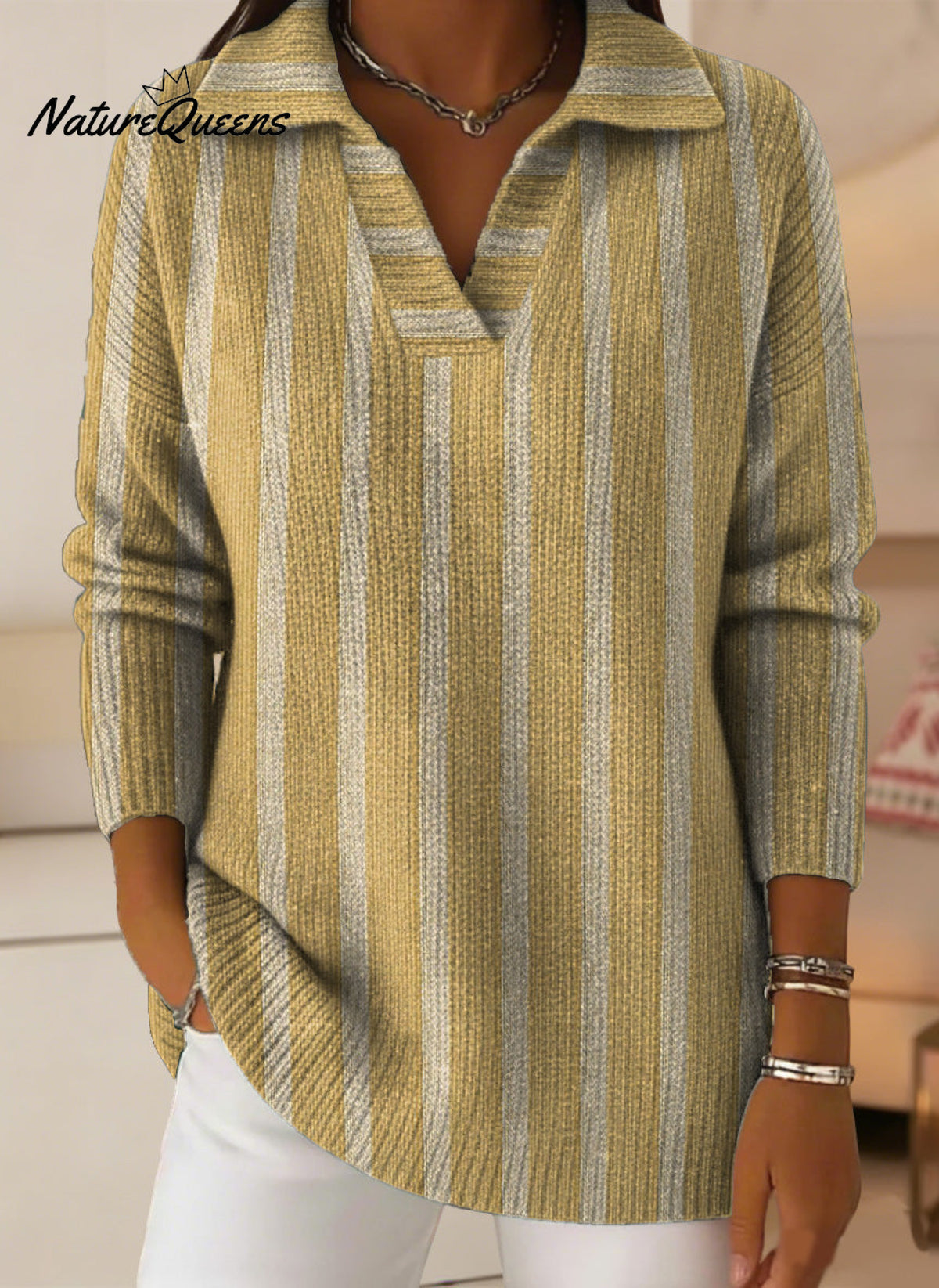 Geometric Vertical Stripe Decorative Pattern Women's Casual Shirt Collar Long Sleeve Sweater