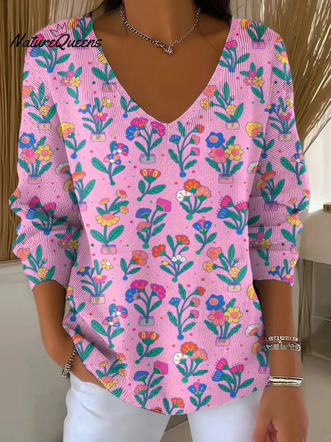 Women's Floral Pattern Art Print Casual V-Neck Sweater