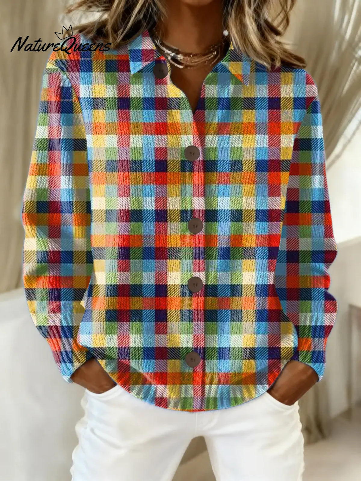 Women's Vintage Plaid Art Print Casual Sweater