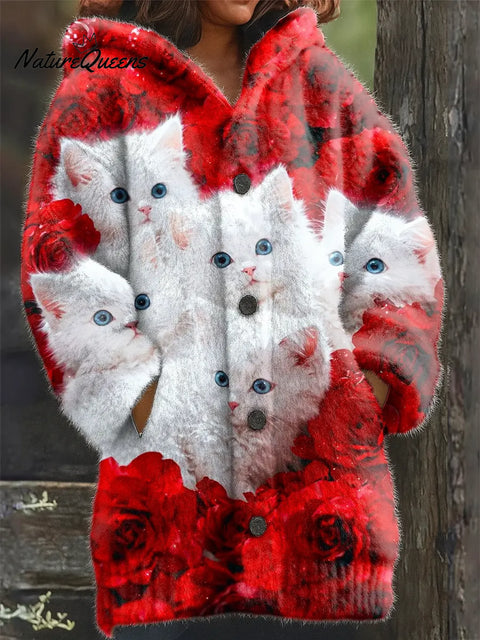 Women's Funny Cats Pattern Art Print Casual Fleece Coat
