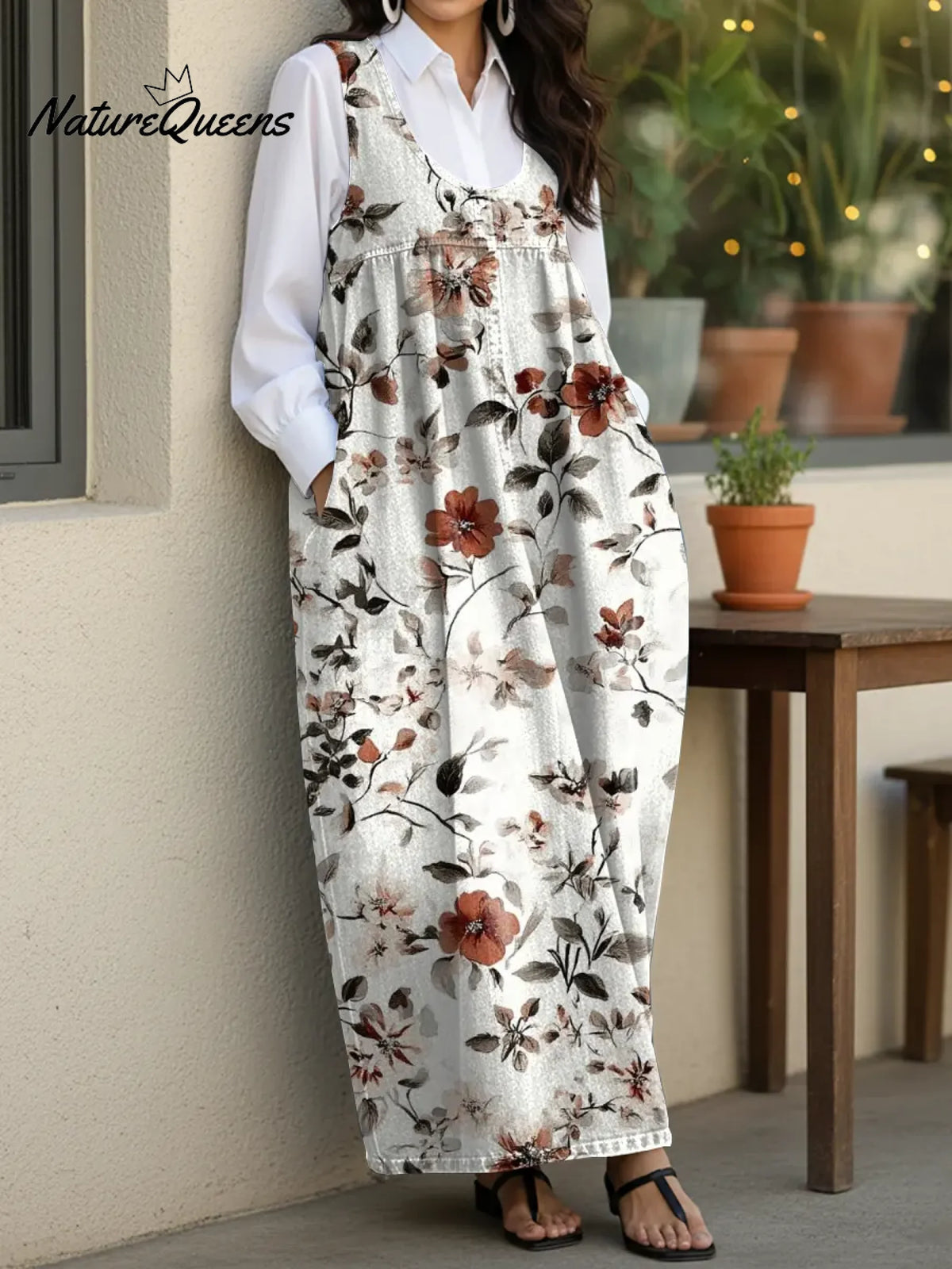 Women's Retro Small Flowers Casual Loose Denim Vest Dress