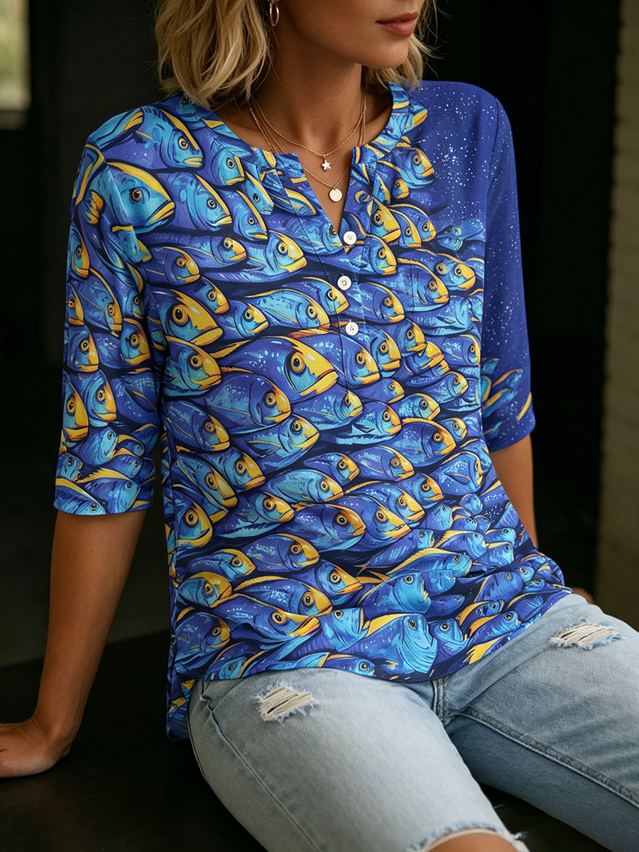 “Deep Sea Dream" Fish Print Henley Cotton T-shirt