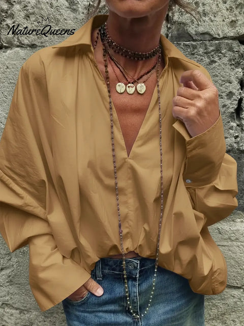 Women's Casual V-neck Long-sleeved Cotton Shirt