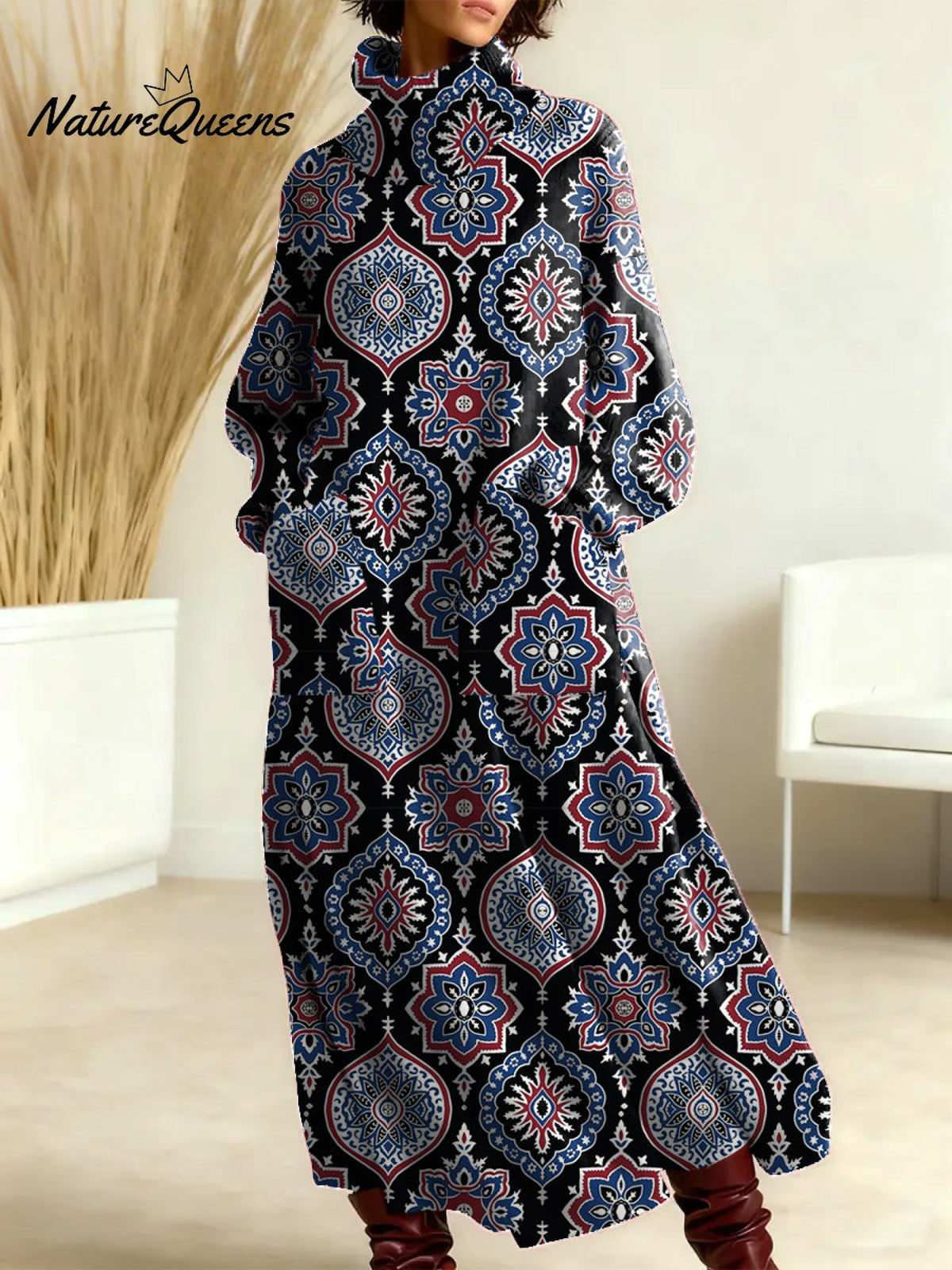 Women's Vintage Symmetrical Flowers Pattern Art Print Casual Cotton Knitted Dress